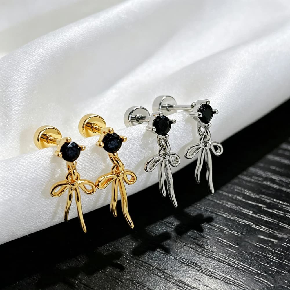MIGGA 1 Pair Black Crystal Bowknot Pendant Stud Earrings Stainless Steel Needles Screw Back Women Jewelry