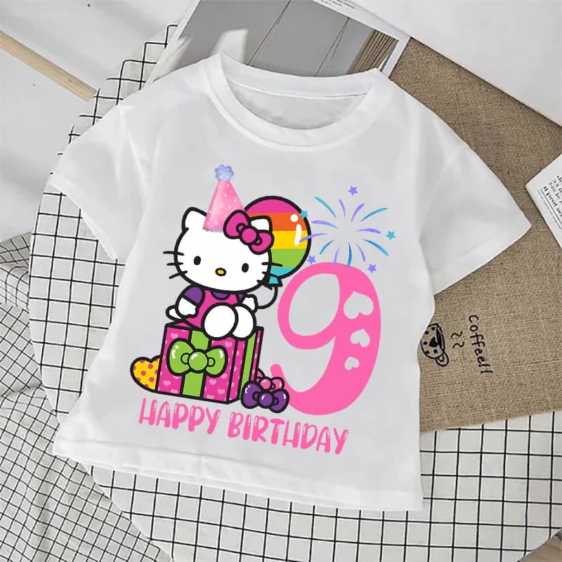 T-shirt con numero di compleanno Hello Kitty, maglietta a maniche corte, maglietta estiva per bambini, top bianco, magliette per ragazze, maglietta carina in cotone per bambini