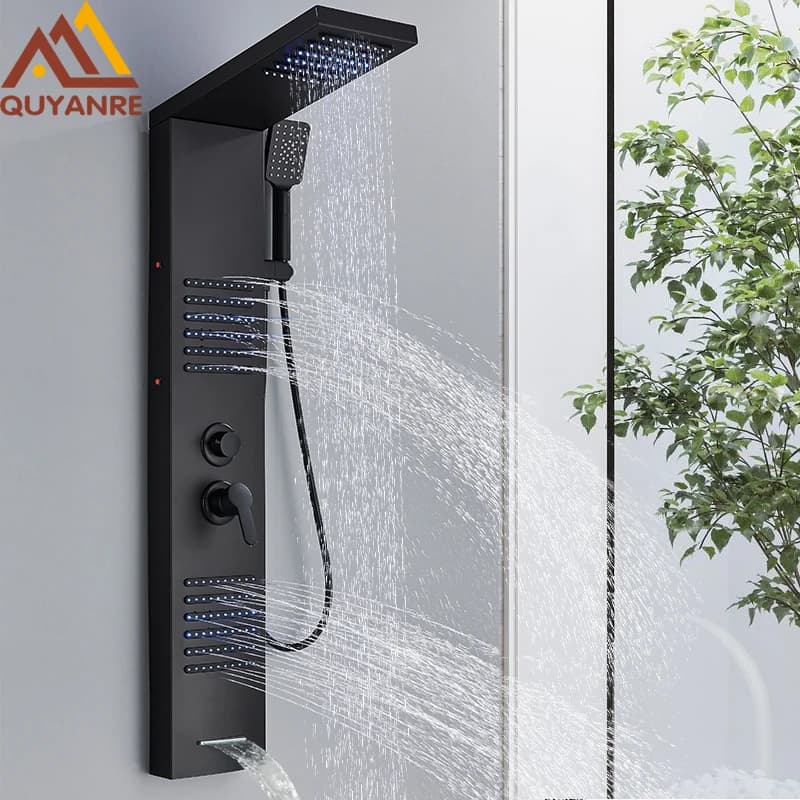 Pannello doccia a LED nero Sistema a torre Pioggia Cascata Colonna doccia Idroelettricità Massaggio Corpo Spa Bagno Rubinetto doccia Miscelatore