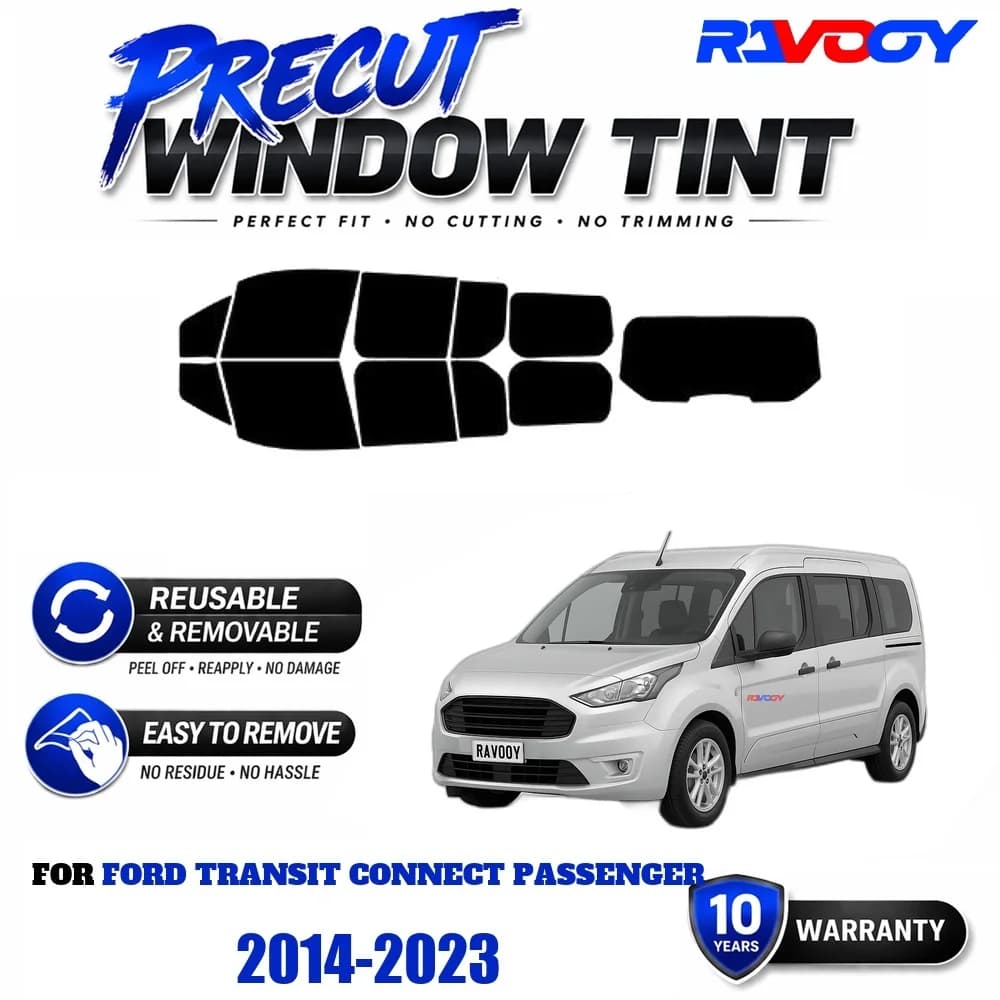 Precut Window Tint, Reusable Removable EPU Film, Custom Fit for Ford Transit Connect Passenger 2014-2023, UV Heat Protection