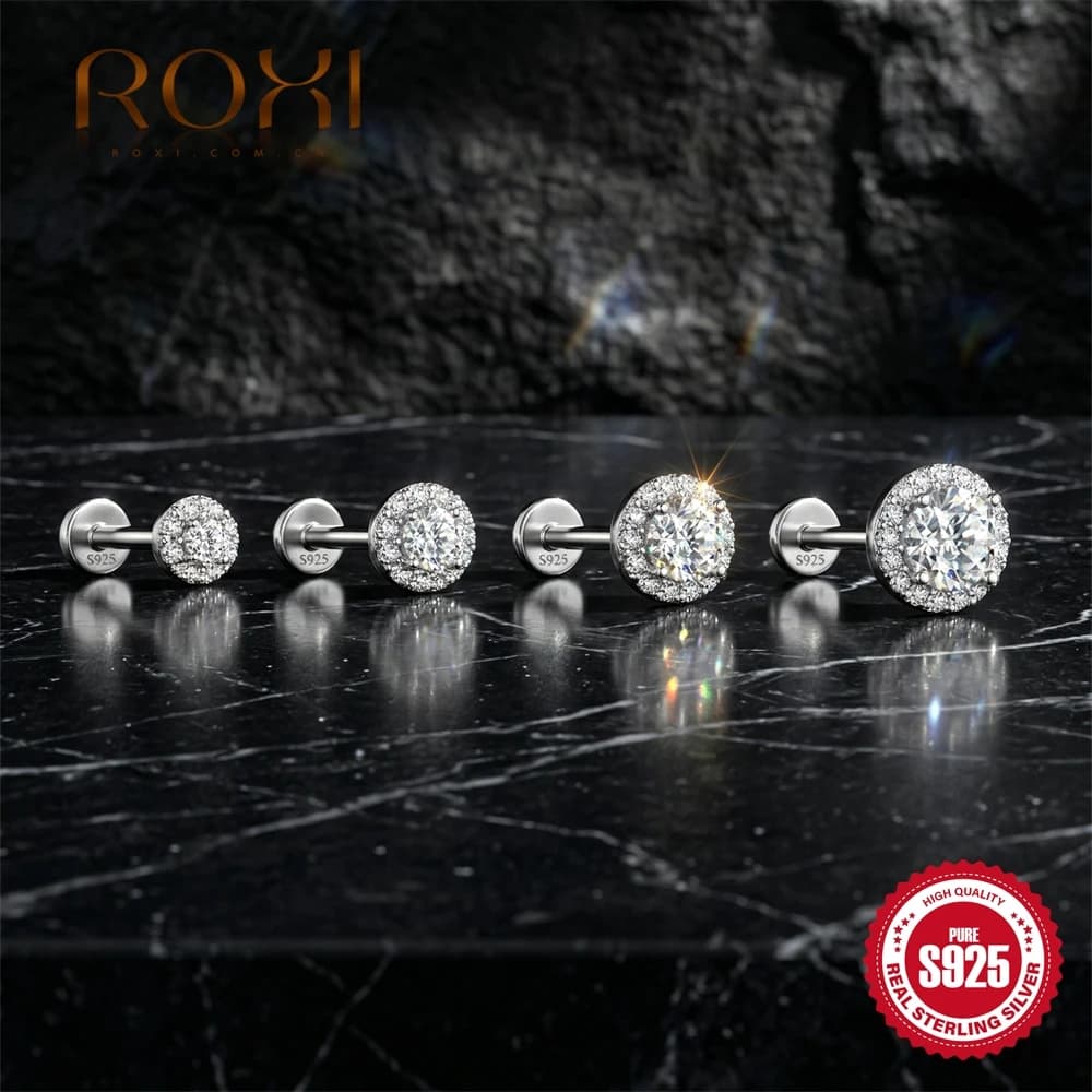 ROXI 925 Sterling Silver Moissanite Round Earring 2/3/4mm Stud Earrings For Women Flat Head Party Engagement Jewelry