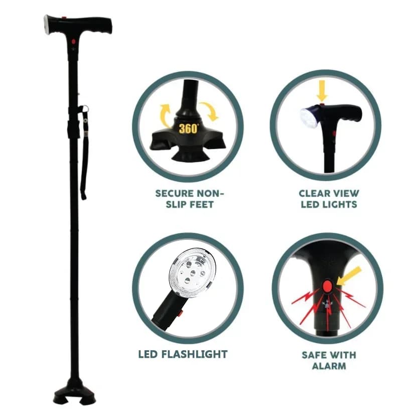 Adjustable Walking Stick Cane With LED Flashlight SOS Alarm Button For Senior Travel Hiking Trekking Pole Folding Crutch Handle
