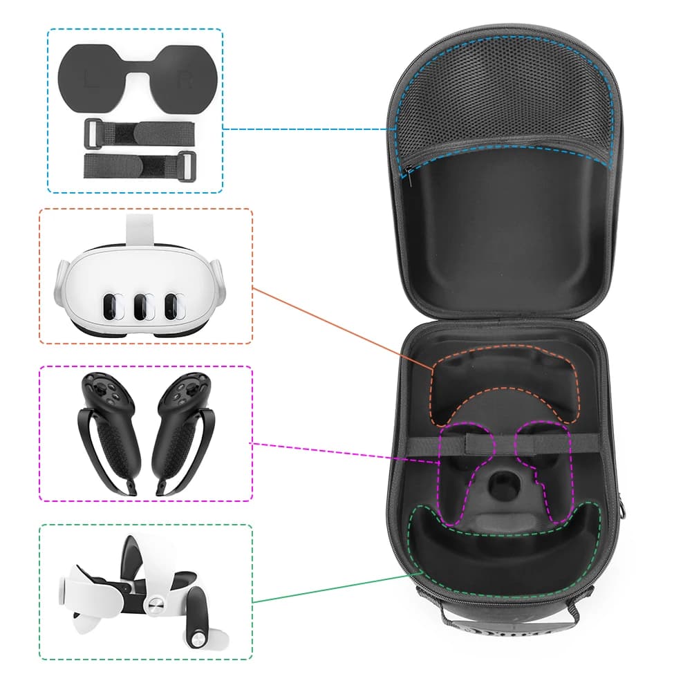 Custodia da trasporto rigida antigraffio con copriobiettivo e fascette fermacavi, con tracolla, per visore VR Meta Quest 3 e controller