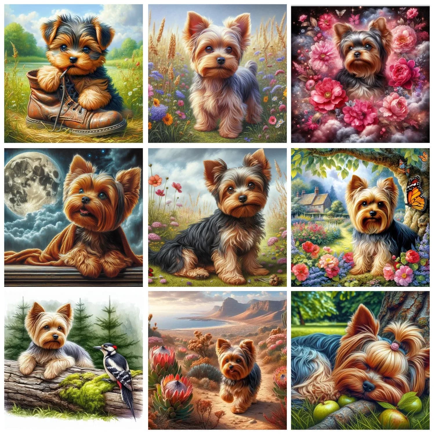 Frameless DIY Diamond Painting Pet Dog and Flowers Cute Yorkie Dog Full Round Drill Embroidery Cross-stitch Room Home Decor Mosaic Painting Suitable for Beginners