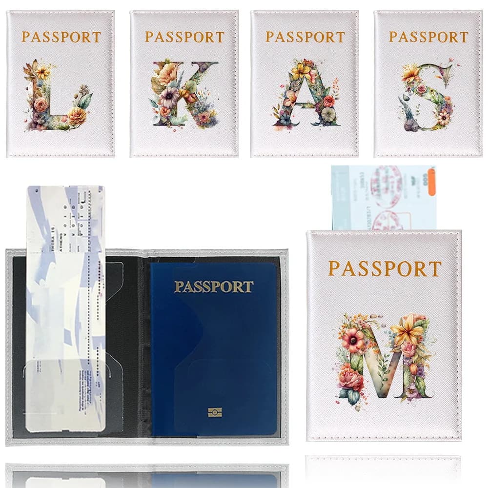 Custodia Protettiva per Passaporto da Viaggio con Stampa Floreale e Lettere - Porta Passaporto e Carte di Credito