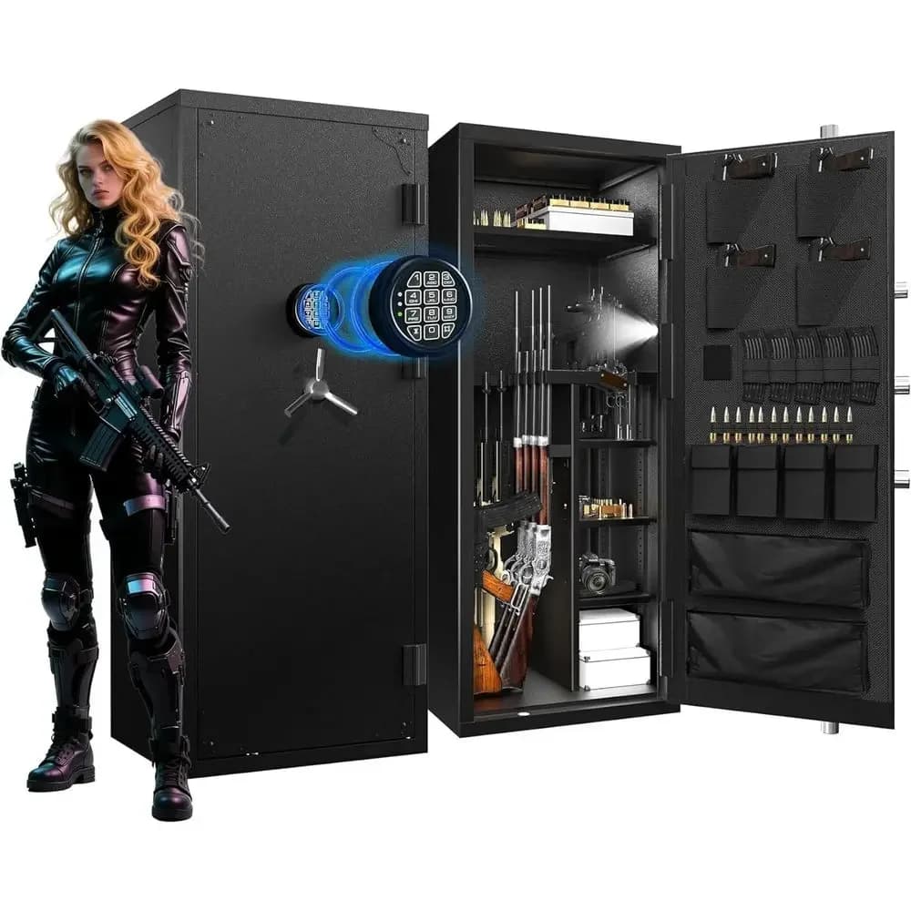 Armadio Portafucili da 30 Posti con Ripiani Rimovibili, Funzionamento Silenzioso, Batteria Esterna, Chiusura a Chiave e Organizer per Porta Illuminato a LED