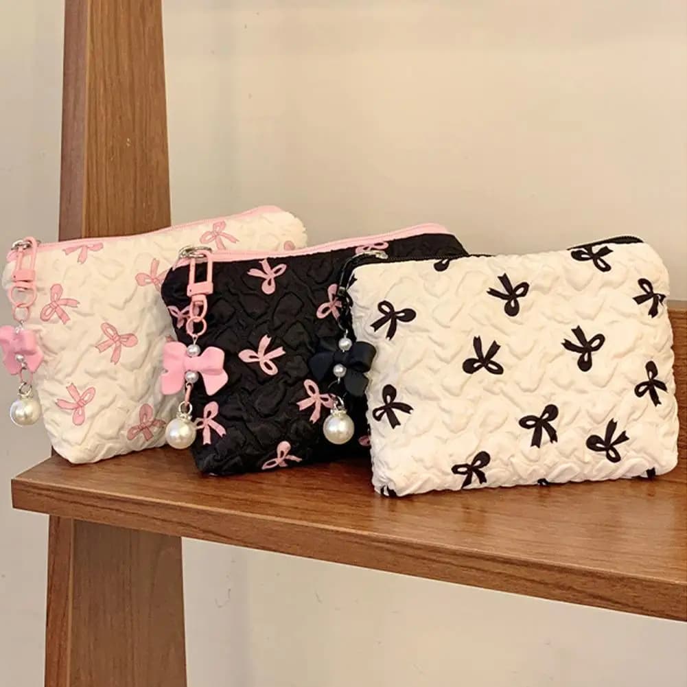 Cute Bow Flower Makeup Bag Women Zipper Cosmetic Organizer Female Cloth Handbag Portable Toiletry Case For Girls