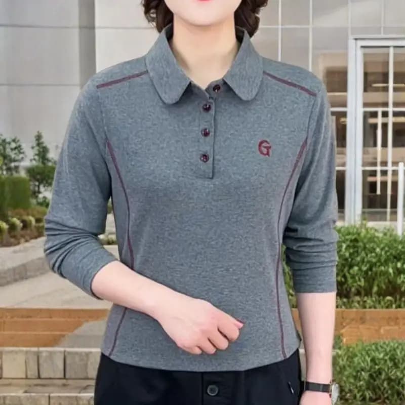 Autumn New Fashion Casual Plain Embroidery T-Shirt with Elegant Collar and Stretch Long Sleeves