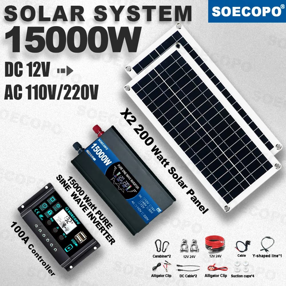 Sistema Solare SOECOPO Clean Power 15000W 12V con 2 Pannelli da 200W, Regolatore 100A e Inverter a Onda Pura per Camper, Campeggio, Fattoria e Giardino