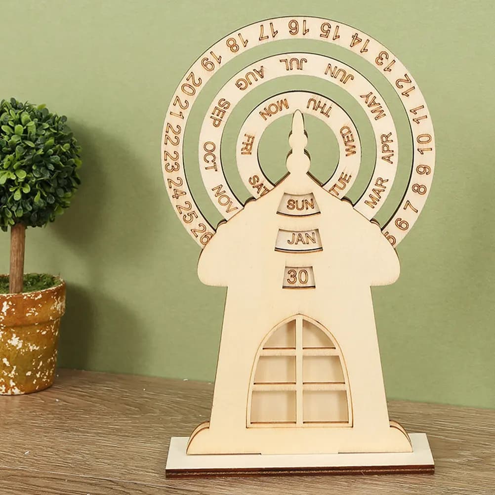 Calendario Perpetuo in Legno Design Ruota Panoramica, Decorazione da Scrivania con Data, Mese e Settimana Regolabili per Soggiorno, Camera da Letto, Ufficio