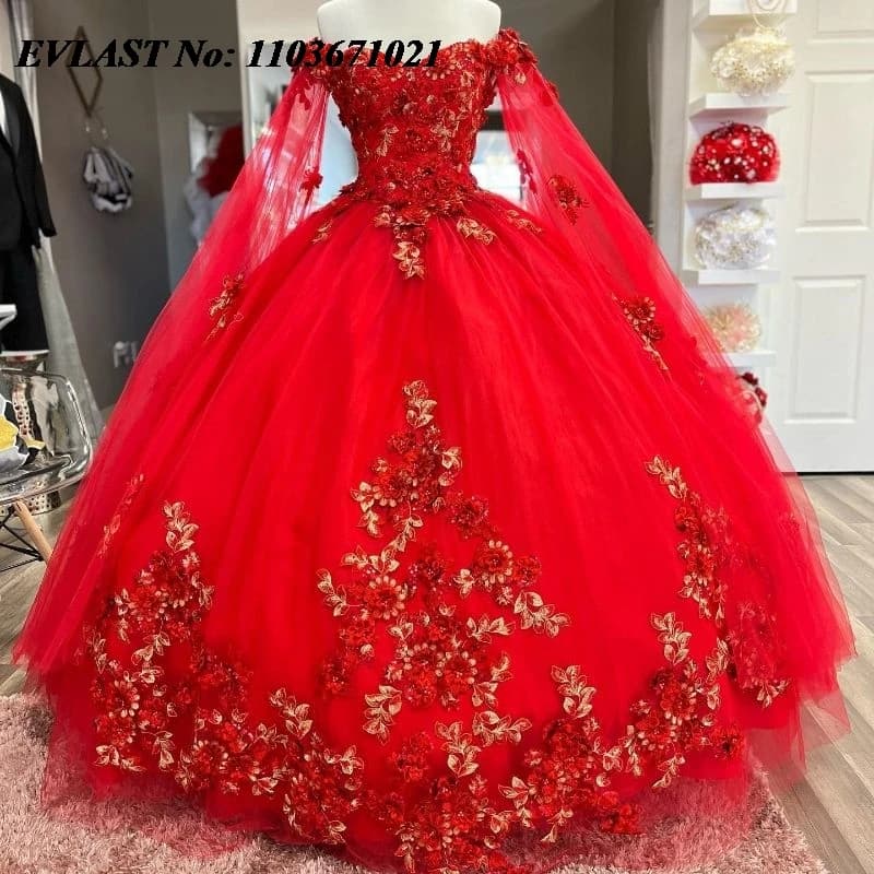 EVLAST Abito da ballo rosso personalizzato Abito Quinceanera Abito in pizzo floreale con perline Diamanti Mantello Dolce 16 Abiti da 15 Anos SQ205
