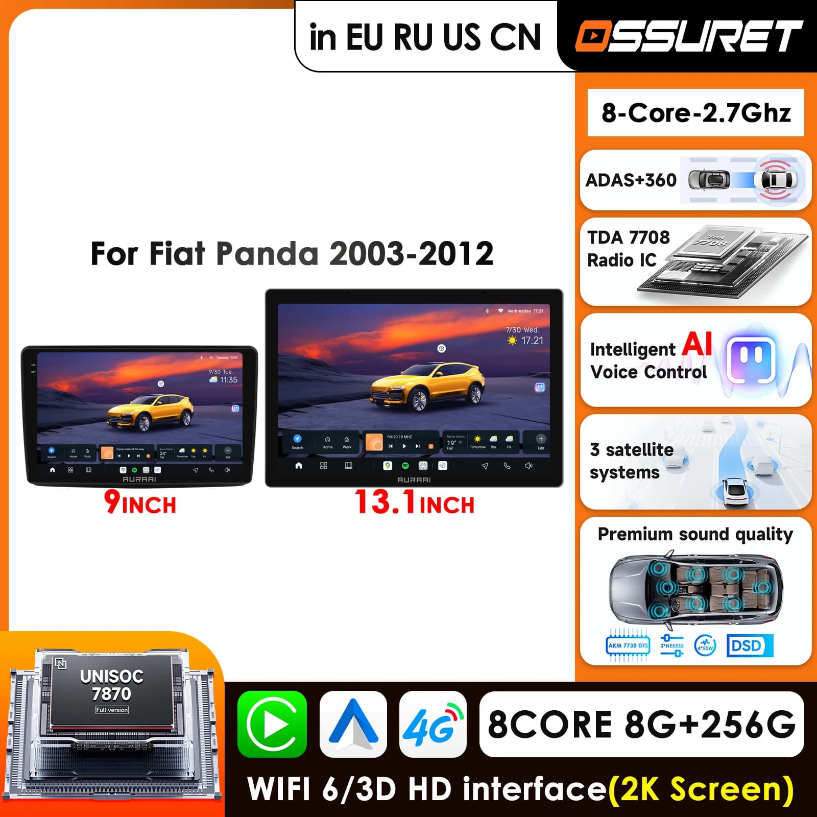 Autoradio 13.1'' per Fiat Panda 2003-2012 con Carplay, Android Auto, Schermo 2K 3D, Monitor Video Audio 360 ° Telecamera ADAS con FM RDS