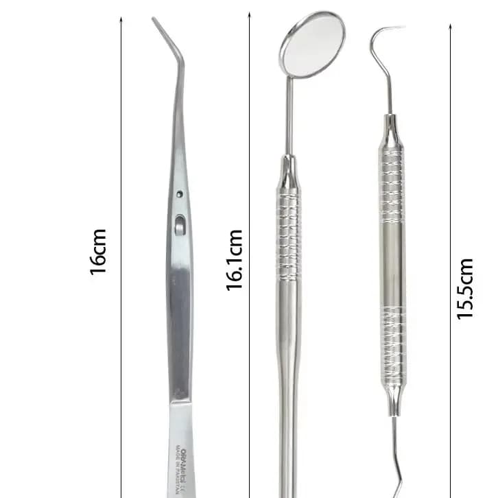 Set di 3 Pezzi: Specchietto Dentale, Pinzette in Acciaio Inox e Sonda Curva, Strumenti per la Cura e lo Sbiancamento dei Denti