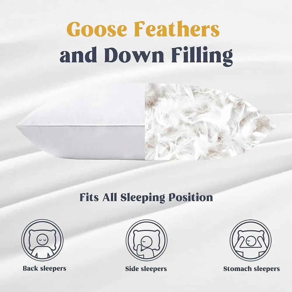 100%Cotton Pillow Core,Goose Feather Chip&High‑Elastic Fiber Filling,Fluffy Soft Breathable 5Star Hotel Quality Household Pillow