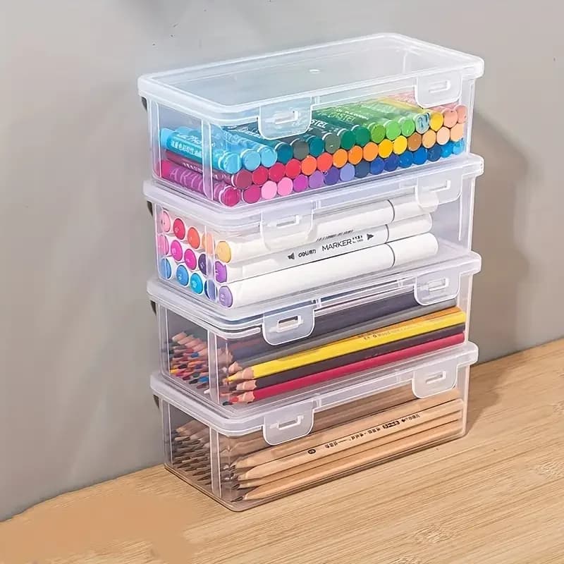 4 grandi scatole portaoggetti in PP trasparente con coperchi, utilizzate per riporre forniture per ufficio, matite e artigianato