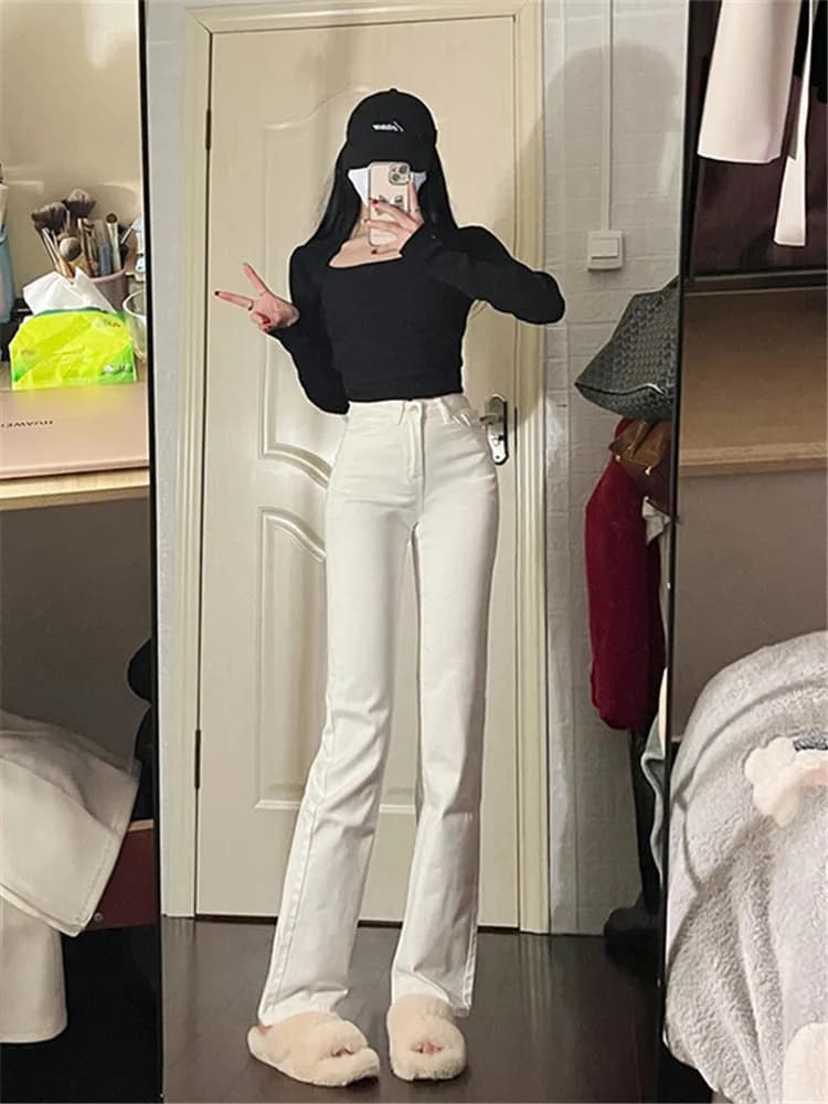 Jeans a Vita Alta e Gamba Larga per Donna, Pantaloni Elasticizzati Slim Fit Primaverili e Autunnali, Lunghi fino a Terra, Ultra Lunghi 180, in Denim Bianco