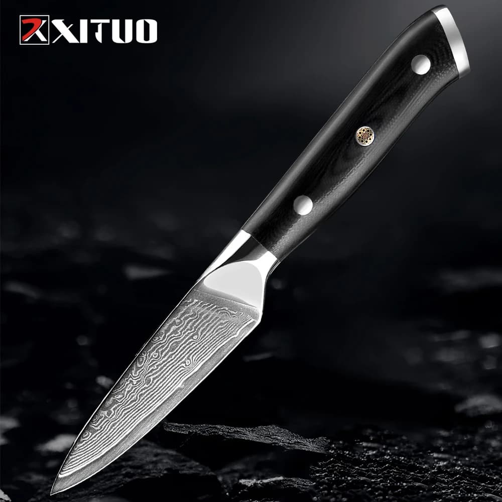 Coltello per sbucciare giapponese VG10 Damasco Super Steel Coltello da frutta da cucina piccolo Rasoio Coltello per sbucciare affilato Maniglia G10 nera completa
