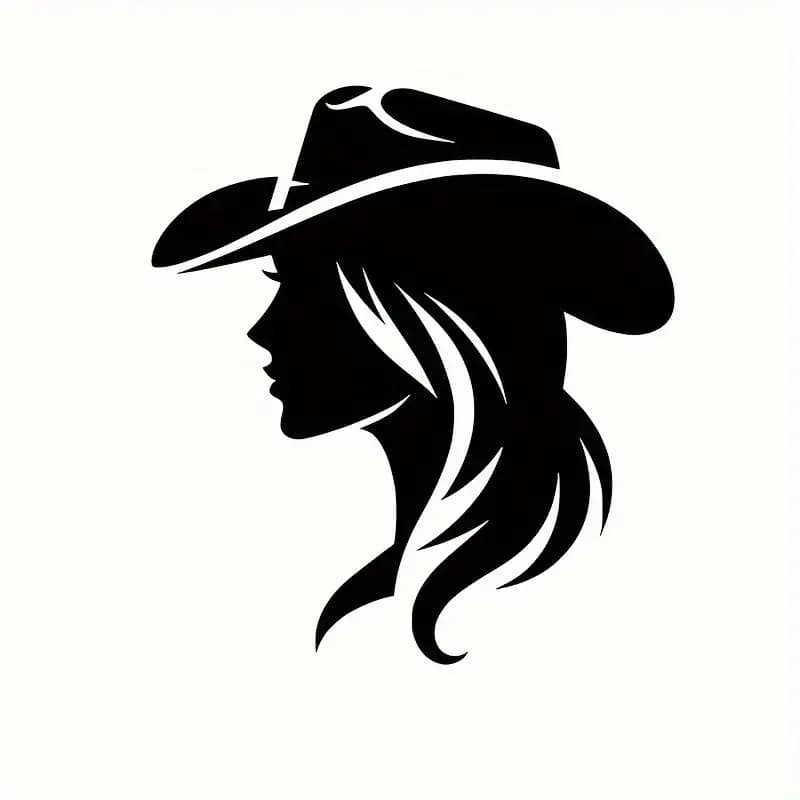 Decalcomania in vinile 2D piatta e Western Cowgirl - Adesivo per auto 2D autoadesivo durevole con silhouette nera, capelli fluenti e cappello da cowboy Des