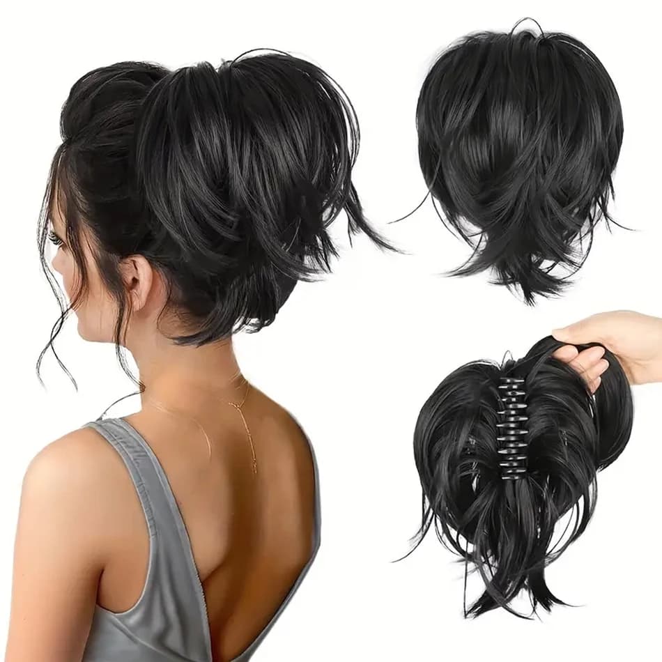 Clip for short black claw Hair extensions synthetic horsetail Hair piece chignon unsorted foldable Synthetic curly rags wavy for lady