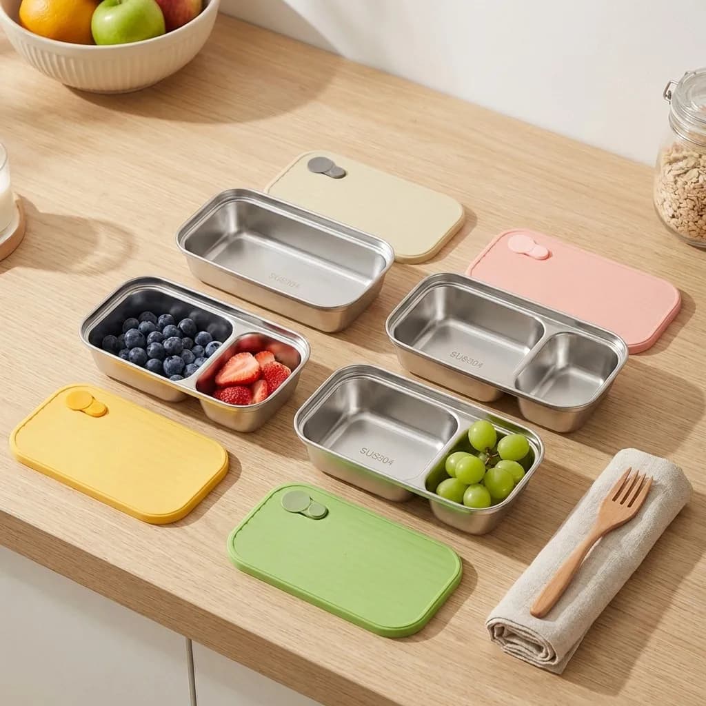 Stackable Food Storage Container 1/2 Grids Microwave Safe 304 Stainless Steel Storage Box Refrigerator Sealed Fresh-keeping Box