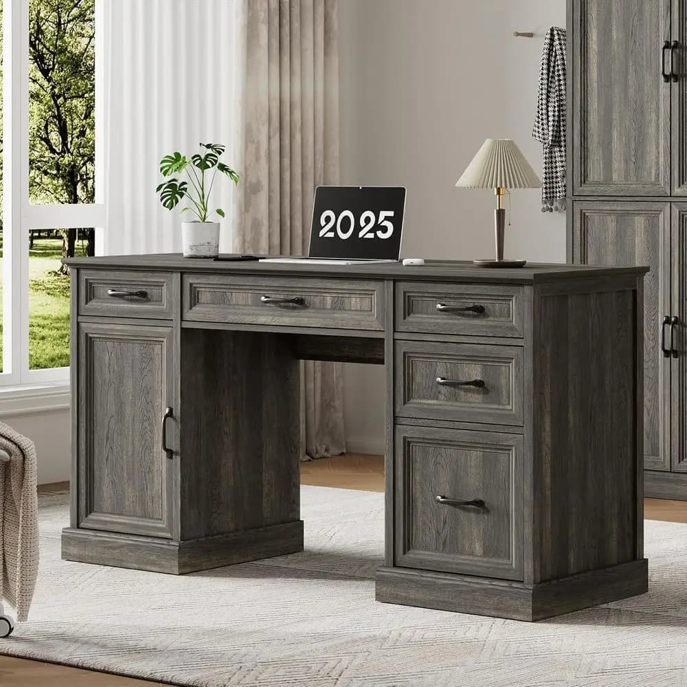 Scrivania Direzionale Moderna da 58 Pollici, Scrivania per Ufficio Domestico in Legno con Cassetti e Armadietto Portadocumenti, Organizzatore con Superficie Texturizzata, Adatta per C