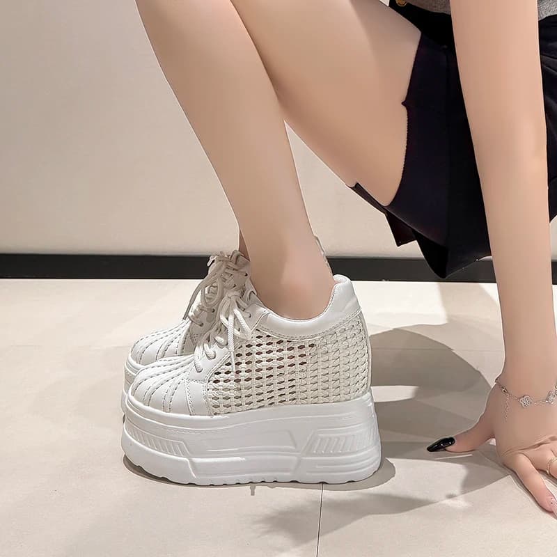 2026 New Summer Women's Leather Sneakers High Platform Lace-up Casual Shoes Hollow out 12CM Heels Walking Shoes Zapatos Mujer