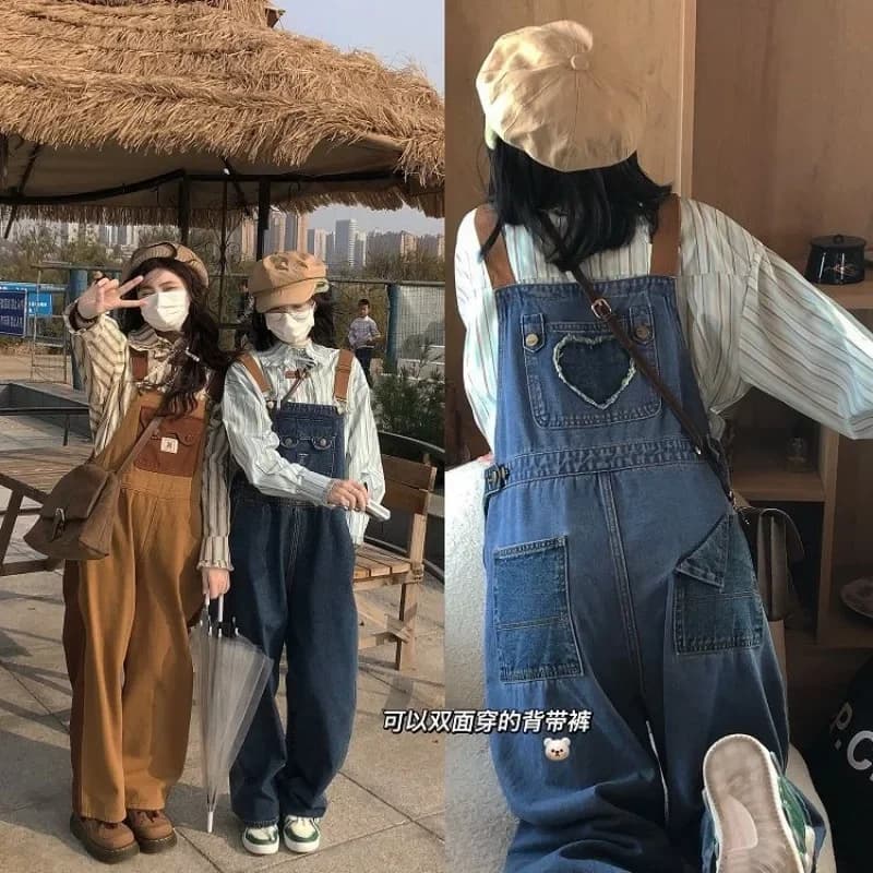 Salopette di jeans vintage Kawaii Salopette da donna stile college Ragazze Marrone Blu Pantaloni larghi casual a gamba larga Jeans Pantaloni tutti abbinati