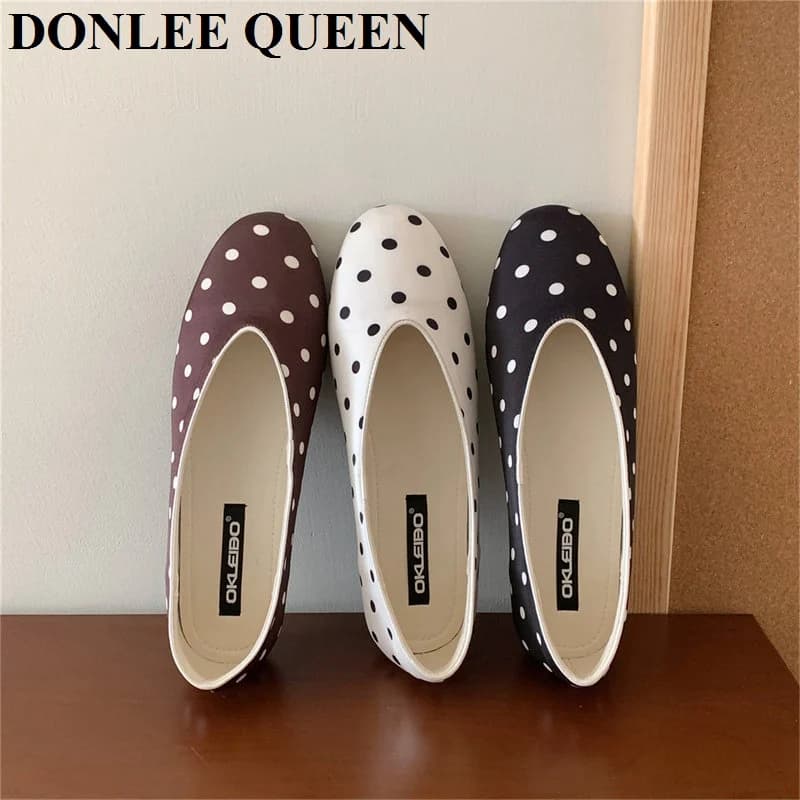 Nuove Scarpe Basse Primaverili 2026 da Donna, Moda con Punta Tonda, Motivo a Pois, Slip-On Mary Jane, Ballerine Morbide, Mocassini Casual