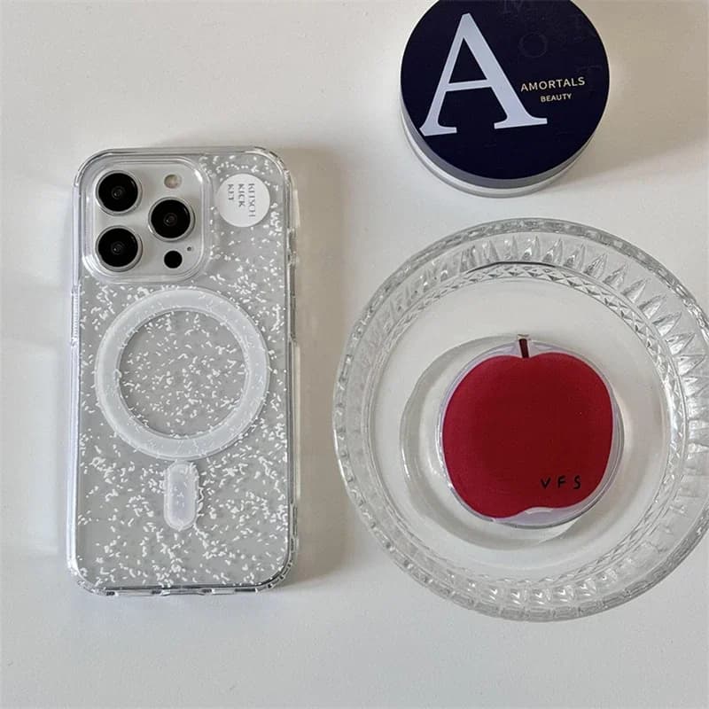 Supporto Magnetico Pieghevole Coreano Carino a Forma di Mela per iPhone 17 con Ricarica Wireless e Anello di Supporto per Custodia MagSafe