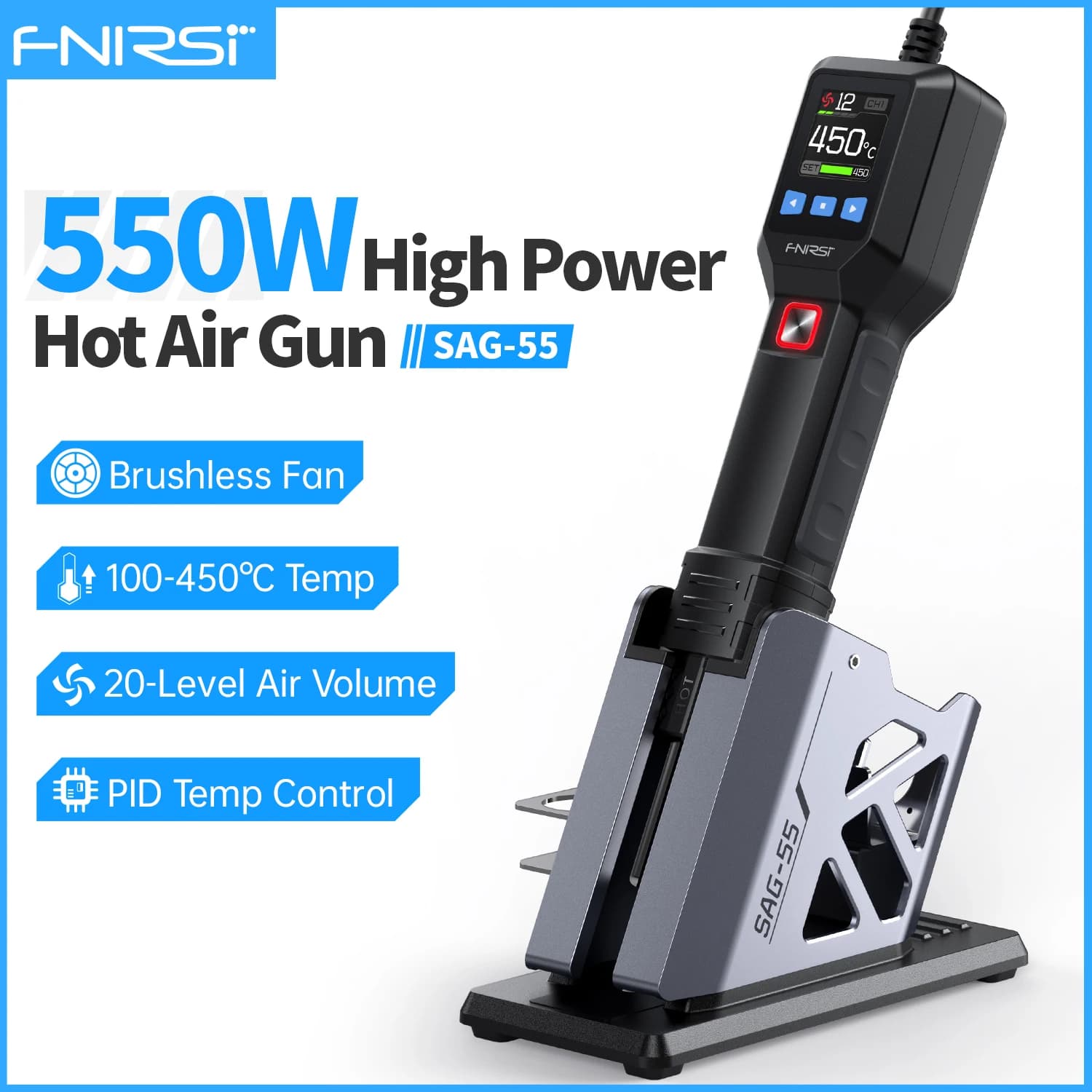 FNIRSI SAG-55 Micro Hot Air Gun 550W with BGA Support Digital LCD Reprocessing Hair Drying Heat Gun for Welding Repair Tools