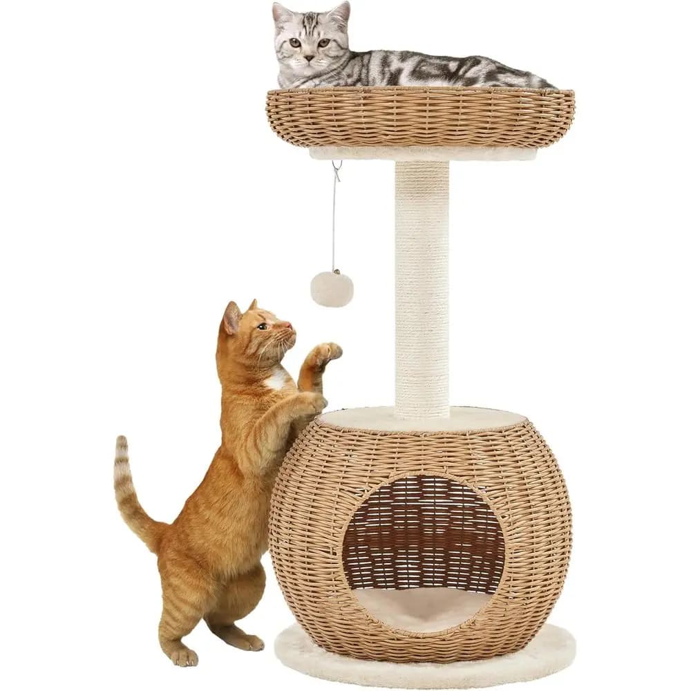 Torre per Gatti in Rattan da 29,5 Pollici con Tiragraffi, Cuccia Intrecciata e Posatoio Imbottito per Gatti e Gattini da Interno