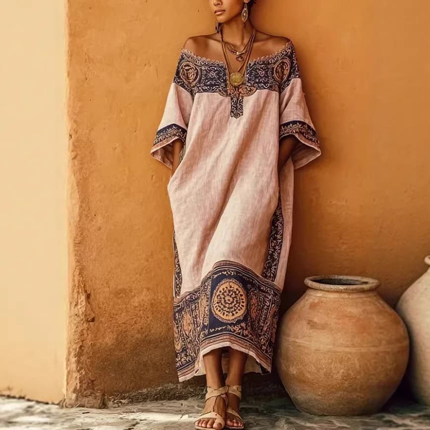 2026 Retro Sexy Off Shoulder Hollow Out Long Dress Women's Geometric Print Pocket Loose Maxi Dress Summer Casual Vacation Dress