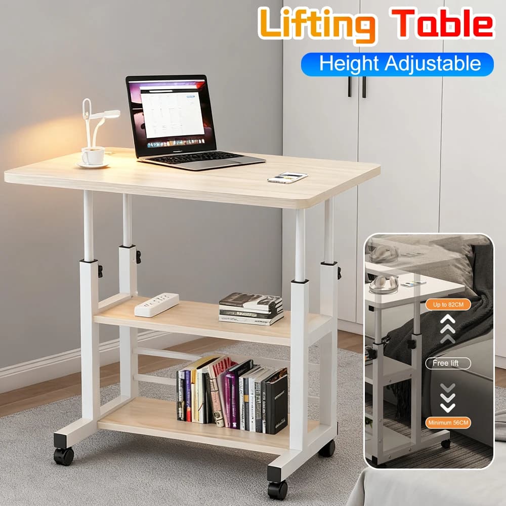 Tavolino da Comodino Regolabile in Altezza con Ripiani Multipli, Ruote Girevoli, Scrivania Mobile per Laptop per Dormitorio e Camera da Letto