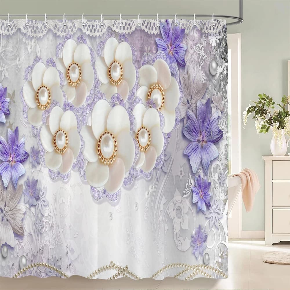Tenda da doccia per bagno con stampa floreale in stile europeo 3D, tenda da bagno in tessuto impermeabile in poliestere, decorazione per la casa con gancio