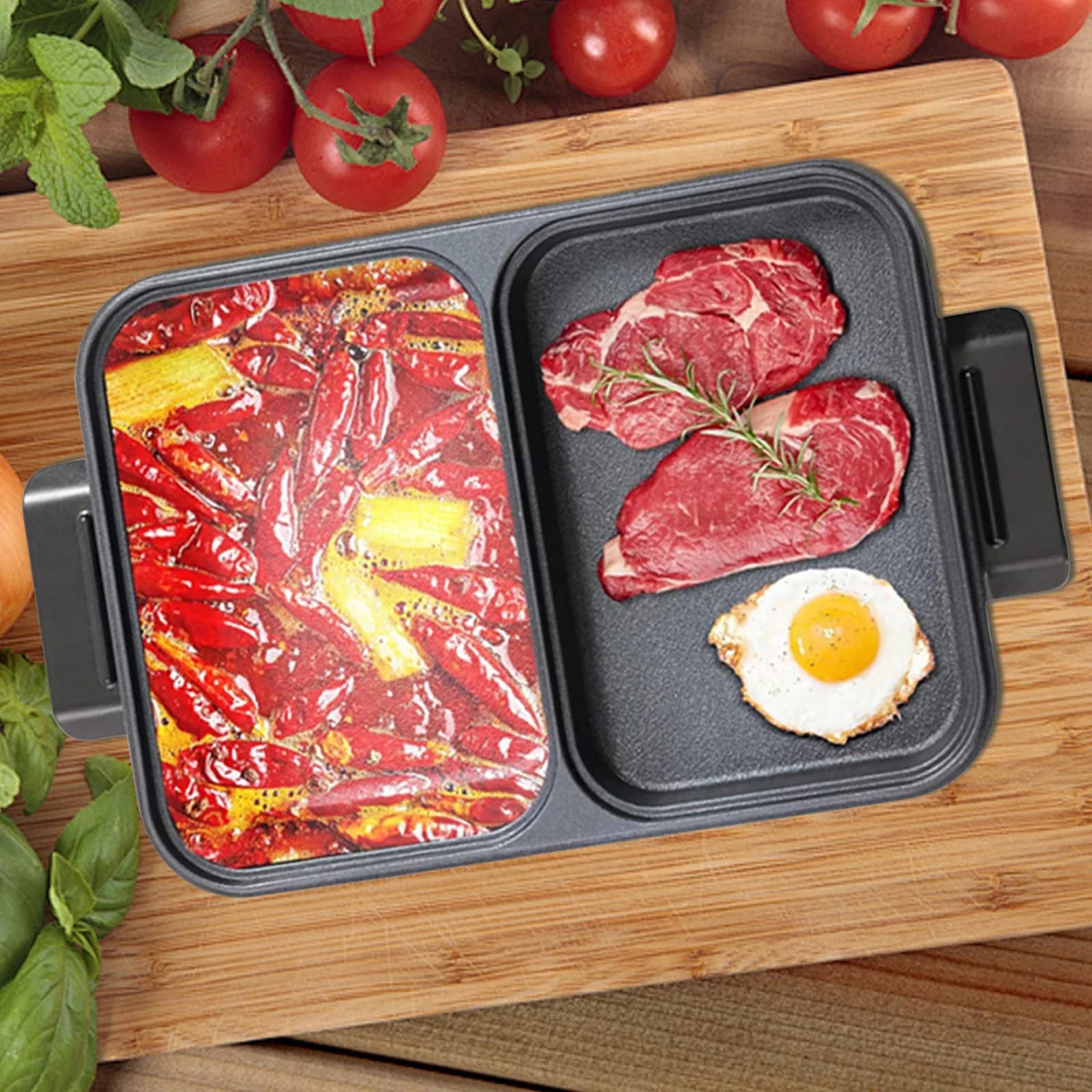 Electric pot and pan, Shabu Shabu pot with grill Shabu anti-stick Shabu 2 in 1 and double temperature control plate