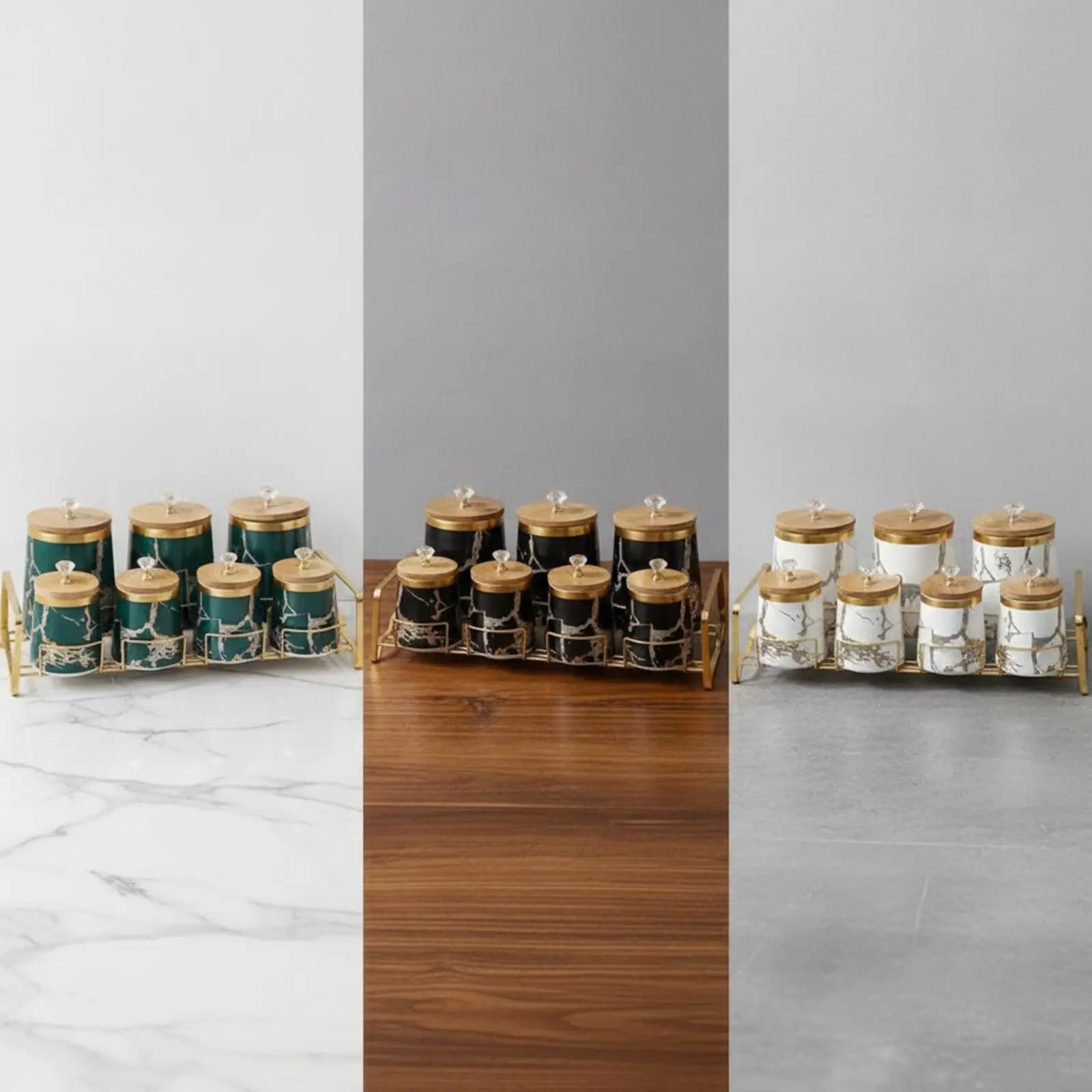 Decorative Kitchen Spice Storage Set with Marble Veined Ceramic Jars Bamboo Caps and Gold Stand for Condiments