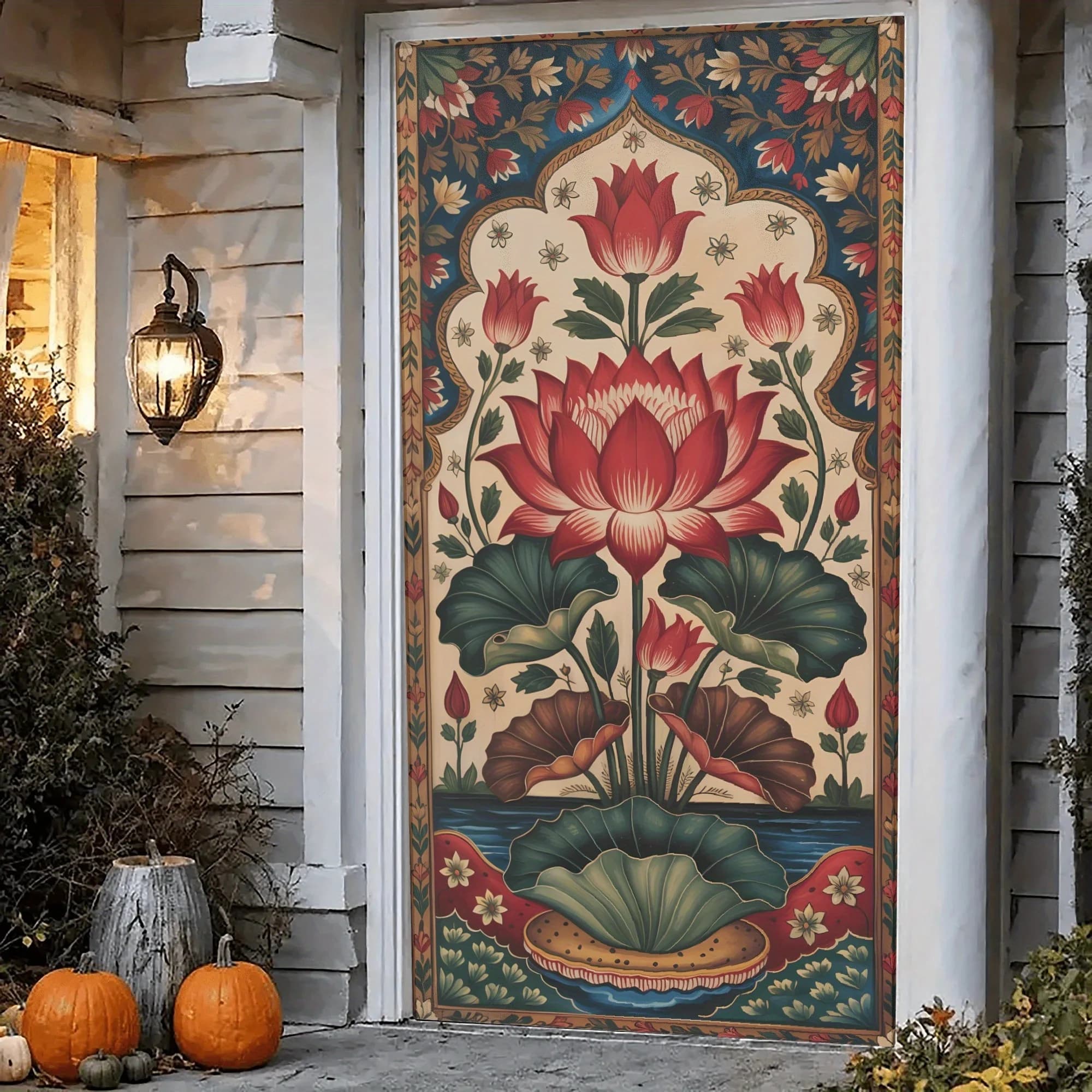 2D flat door curtain, 1 piece Indian style door curtain, retro floral pattern with 4-hole suspension system