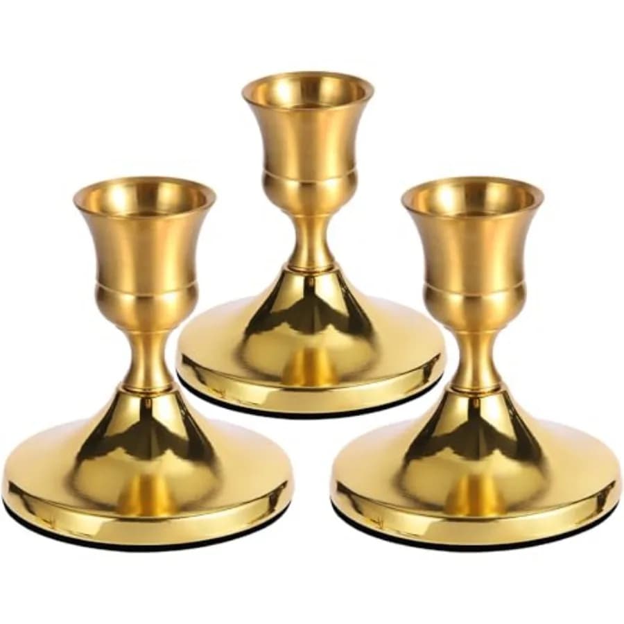 3 Pcs Brass Gold Taper Candle Holders, Vintage Metal Candlestick Holders Set for Dining Table, Wedding and Party Centerpiece De