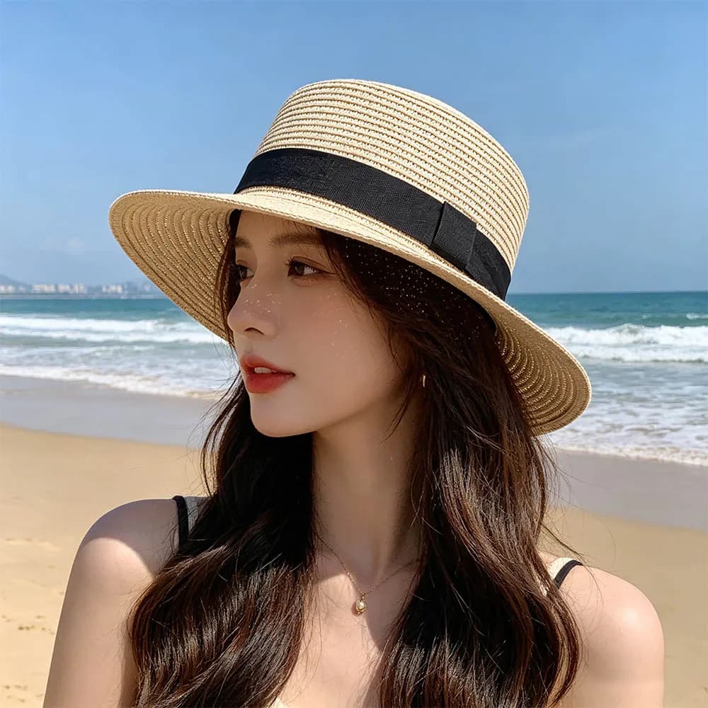 Ins French Style Straw Hat Sunshade Beach Flat Tops Cap Vacation Spring Summer Sun Hat Men and Women