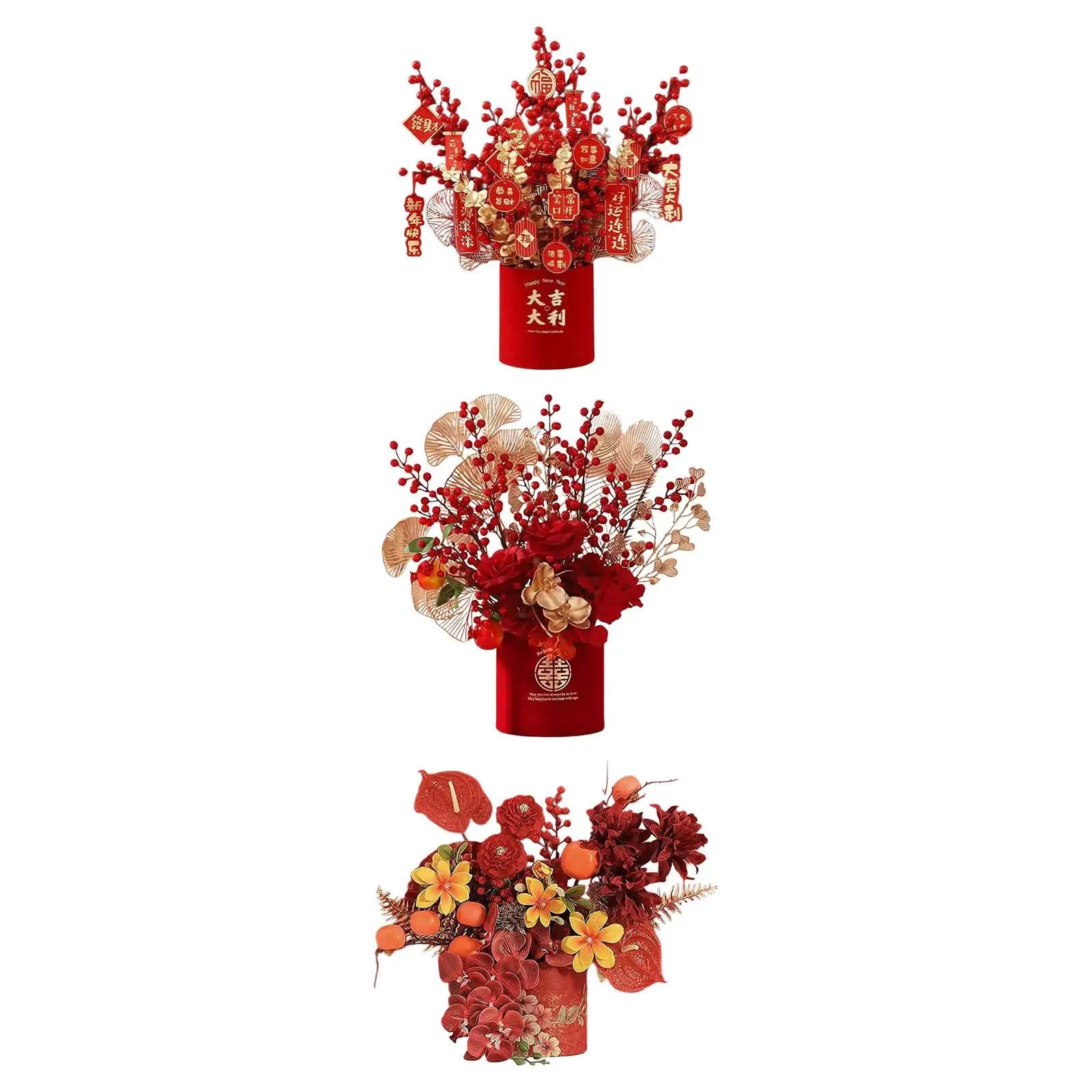 Chinese New Year's Decoration Fake Pot Plant Floral Arrangement Gift Artificial Red Blessing Bucket for Vacation Interior