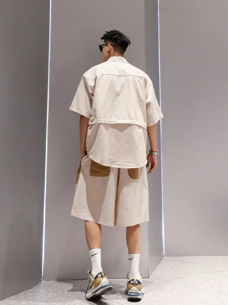 Men's Casual Style Streetwear, Set Faux Two Pieces with Sleeves Court and Shorts, Design Color Block, Large fit with Large Pockets