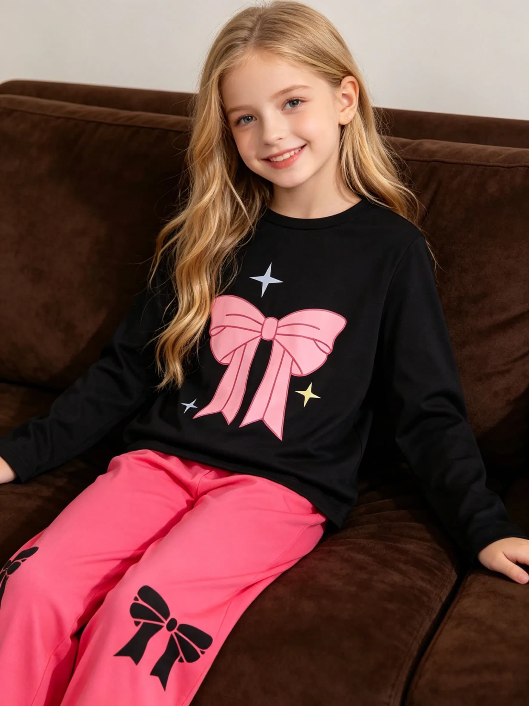 Girls' fashionable home clothes for spring and autumn, girls' outdoor leisure star bow pattern top, long sleeved pants