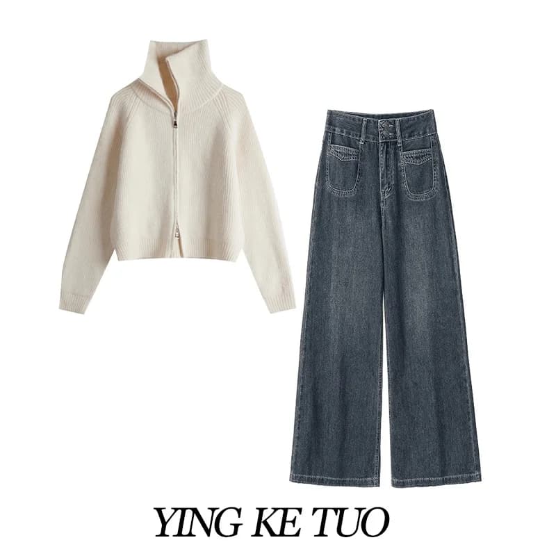 Set Due Pezzi Stile Universitario Coreano: Cardigan e Jeans Dritti Larghi, Moda Autunno Inverno per Donna