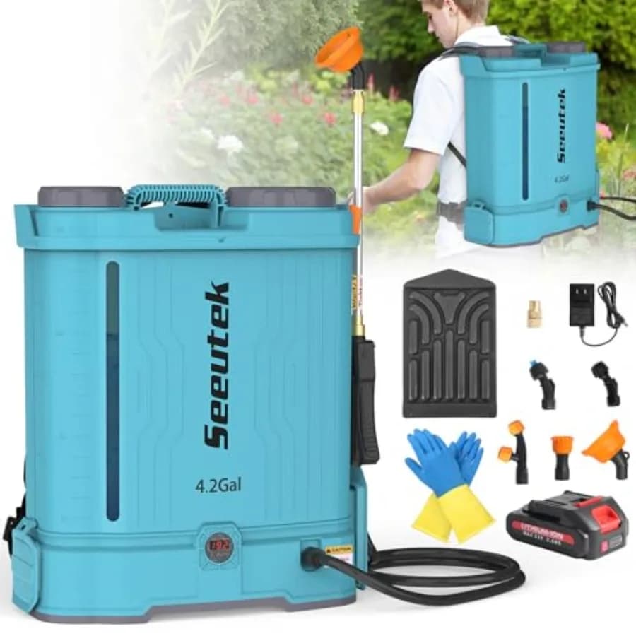 Spruzzatore a Zaino a Batteria da 4,2 Galloni, Spruzzatore Elettrico da Giardino con Funzione di Miscelazione, 0-100 PSI, Asta Telescopica, 6 Ugelli, 21V 2.6
