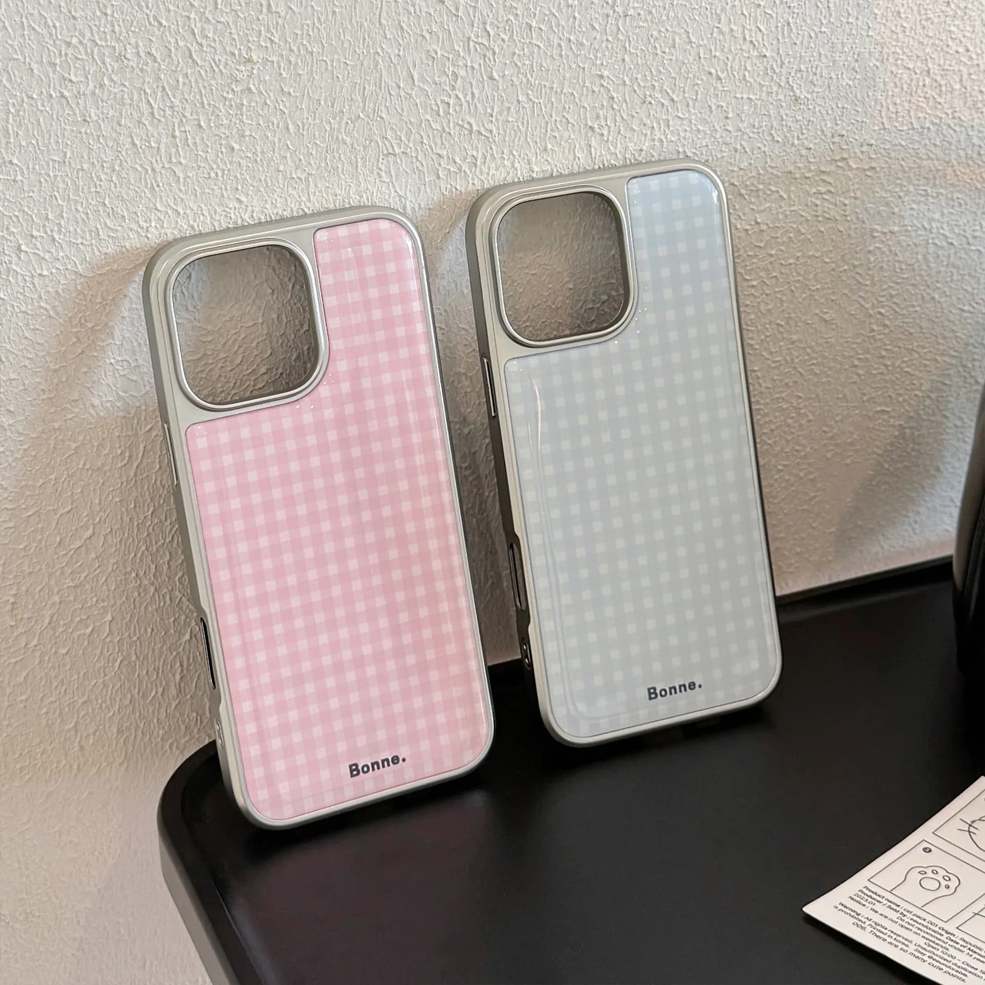 Korean Pink Blue Plaid Drop Glue Silver Edge Plating Phone Case for iPhone 17 Air 16 15 14 13 12 Pro Max Shockproof Hard Cover