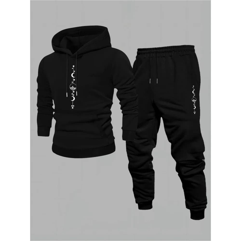 Men's Autumn Winter Hooded Sweatshirt Set Casual Sportswear Trendy American High Street Printed Jacket And Pants Full Set
