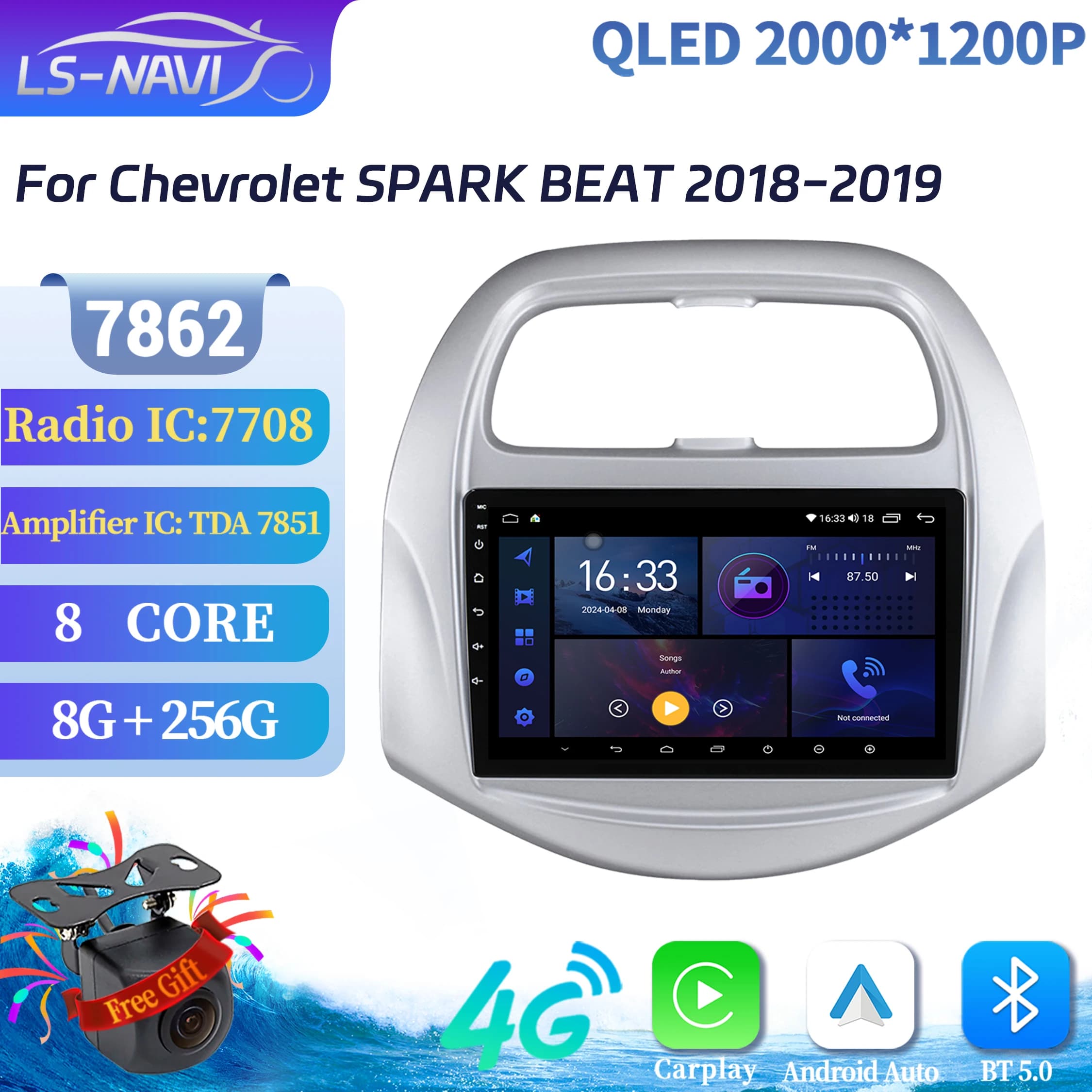 Android 14 For Chevrolet SPARK BEAT 2018-2019 Car Radio Multimedia Navigation 4G 7862S 8G 256G Wireless Carplay 2K QLED Screen