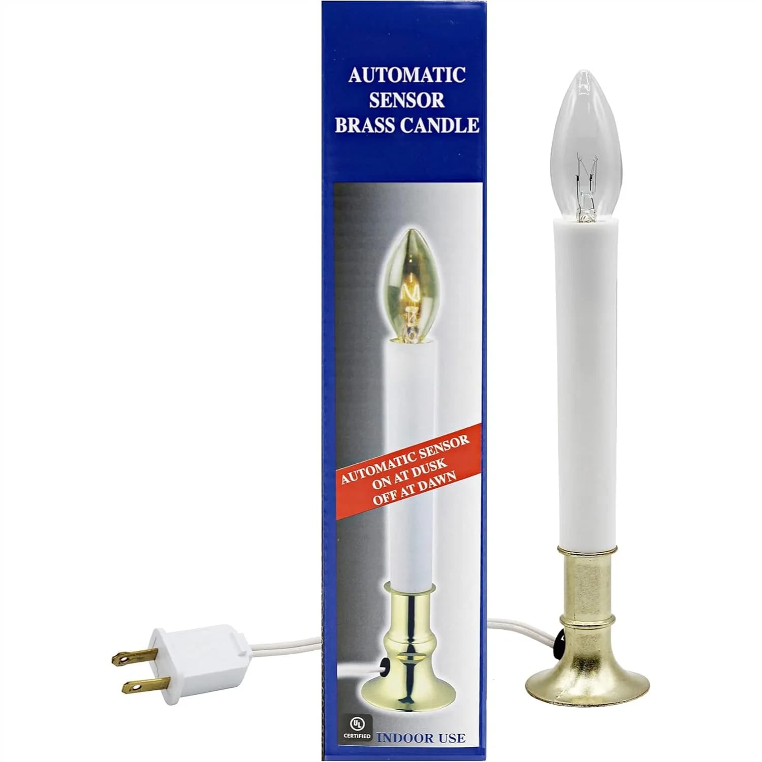 Lampada a Candela Elettrica con Base Placcata in Ottone, Sensore Crepuscolare Automatico On/Off, Pronta all'Uso per Decorazioni Domestiche e Occasioni Speciali
