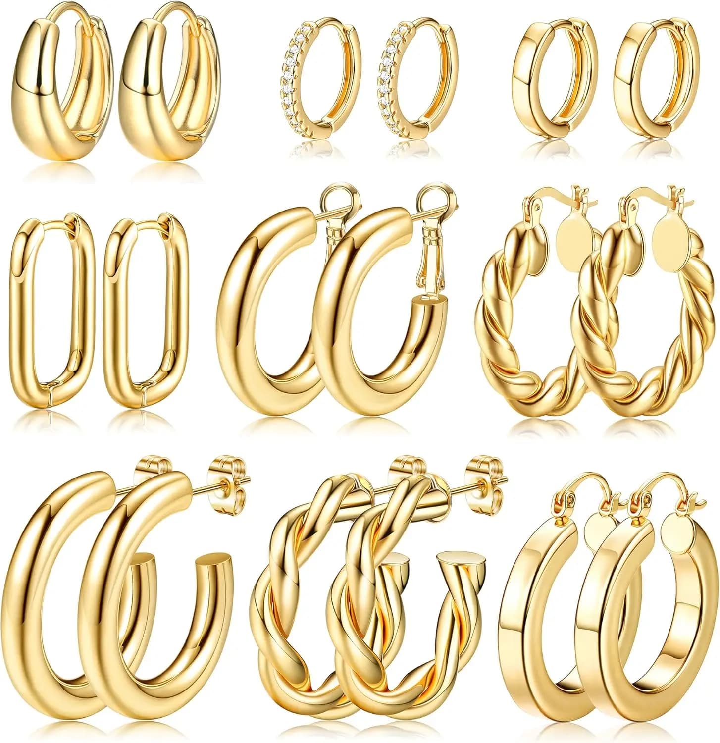 9 Paia di Orecchini in Oro per Donne e Ragazze, Placcati in Oro 14K, Chunky Multipack, Ipoallergenici