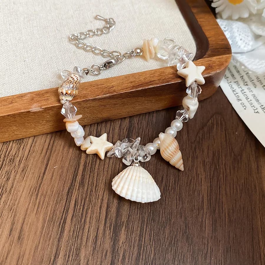 Braccialetti di conchiglia di stelle marine di conchiglia naturale della Boemia Bracciale a catena con corda di perle di cristallo Gioielli femminili della serie marina da spiaggia estiva